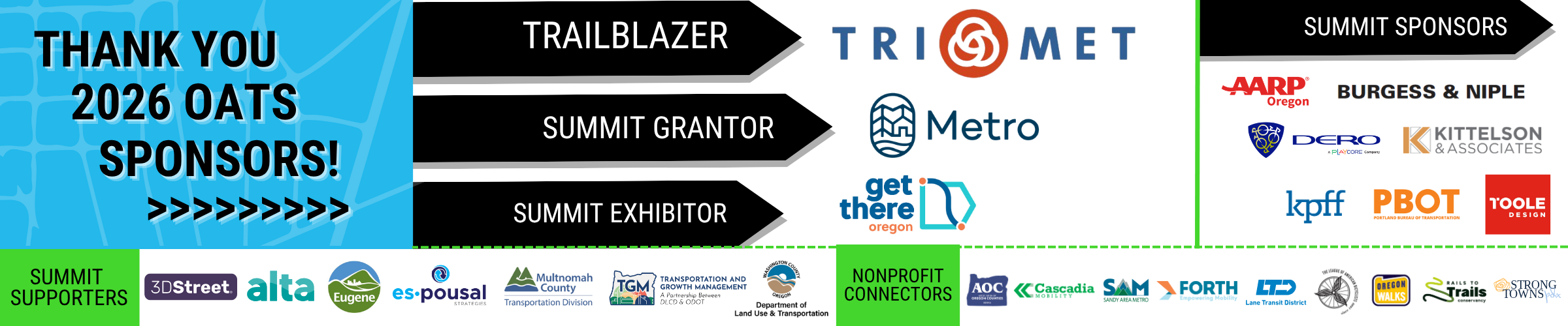 Logo lineup of OATS Sponsors including Trimet, Metro, and Get There Oregon